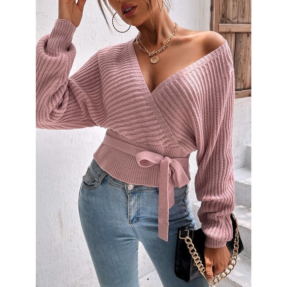 BohoGypsyDreamer.com Sweaters - Surplice Neck Cut Out Back Batwing Sleeve Knot Front Sweater pink